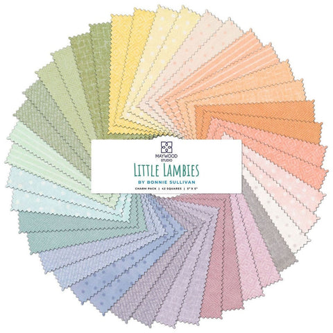 Little Lambies Charm Soft Pastel Palette Maywood Woolies Flannel Teal Green Yellow Peach Teal Cotton Flannel 5 inch Fabric