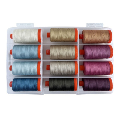 Aurifil English Garden Collection EDYTA SITAR LBQ Mako Cotton 50 Wt Large Spool Beige Blue Purple Color Quilting Thread Set of 12 ES50EG12