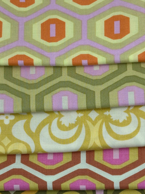 Retired AMY BUTLER Out of Print 16 Fat Quarter Set Mid Century Modern Floral Art Pink Yellow Orange Brown Fabric FQs