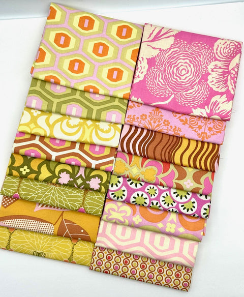 Retired AMY BUTLER Out of Print 16 Fat Quarter Set Mid Century Modern Floral Art Pink Yellow Orange Brown Fabric FQs