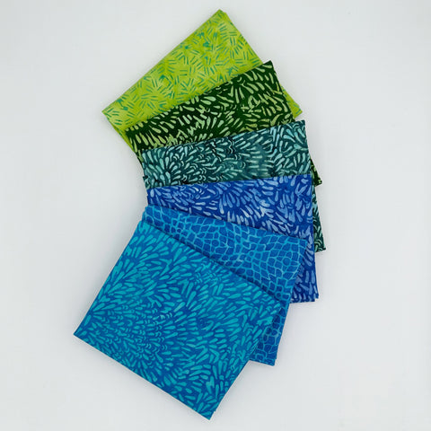 Anthology 6 Piece FQ Batik Blue Green Aqua Teal Fat Quarters 18x22 Inch Quilting Fabric