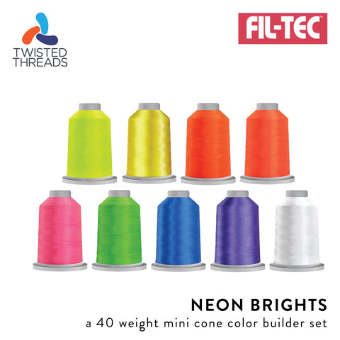 NEON BRIGHTS GLIDE Fil-Tec 9 Mini Cones Pink Orange Green Blue Trilobal Polyester 40 Weight Wt 1100 Yards Sewing Quilting Embroidery Thread