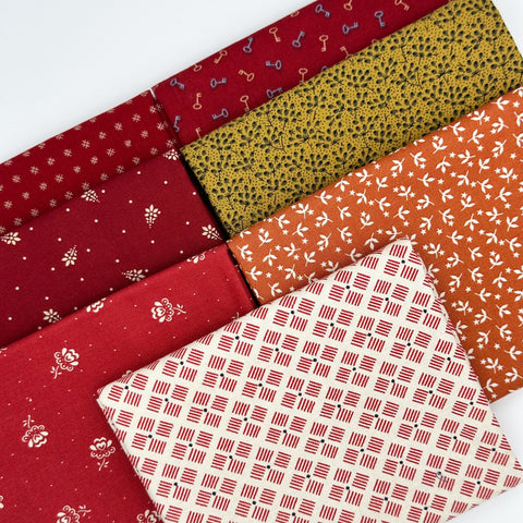 Civil War Reproduction Fat Quarters Various Makers Red Orange Gold White Background Fabric 7 FQ Fat Quarter Bundle