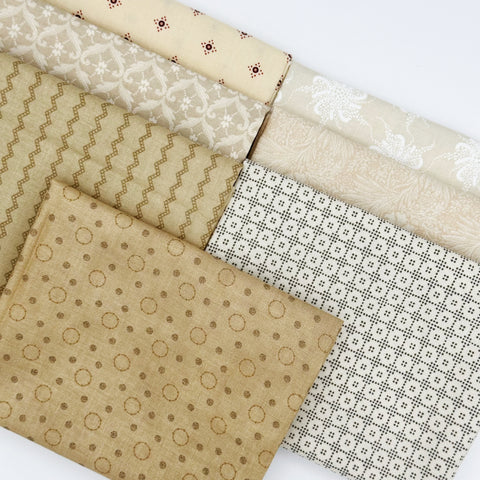 Civil War Reproduction Fat Quarters Various Makers Cream Tan Beige Tea Dye Background Fabric 7 FQ Fat Quarter Bundle