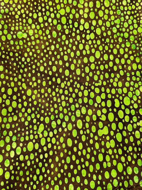 BTY Island Batik Lime Green Dots on Brown spots Batik Cotton Fabric 1 Yard