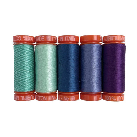 Aurifil Fresh Meadow Collection Hoffman Challenge 24-25 50 Weight Wt Blue Teal Purple Basics Cotton Quilting Thread Set of 5 HF50FM5