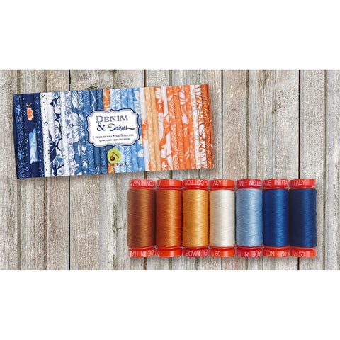 Aurifil Denim and Daisies Collection by Fig Tree 50 Weight Wt Cotton Quilting Thread Set of 7 Gold Blue JF50DD7