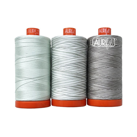 Aurifil FRANGIPANI Color Builder Mako Cotton 50 Weight Large Spool VARIEGATED Grey Gray Mint Green Quilting Thread Set of 3 2800, 4060, 4670